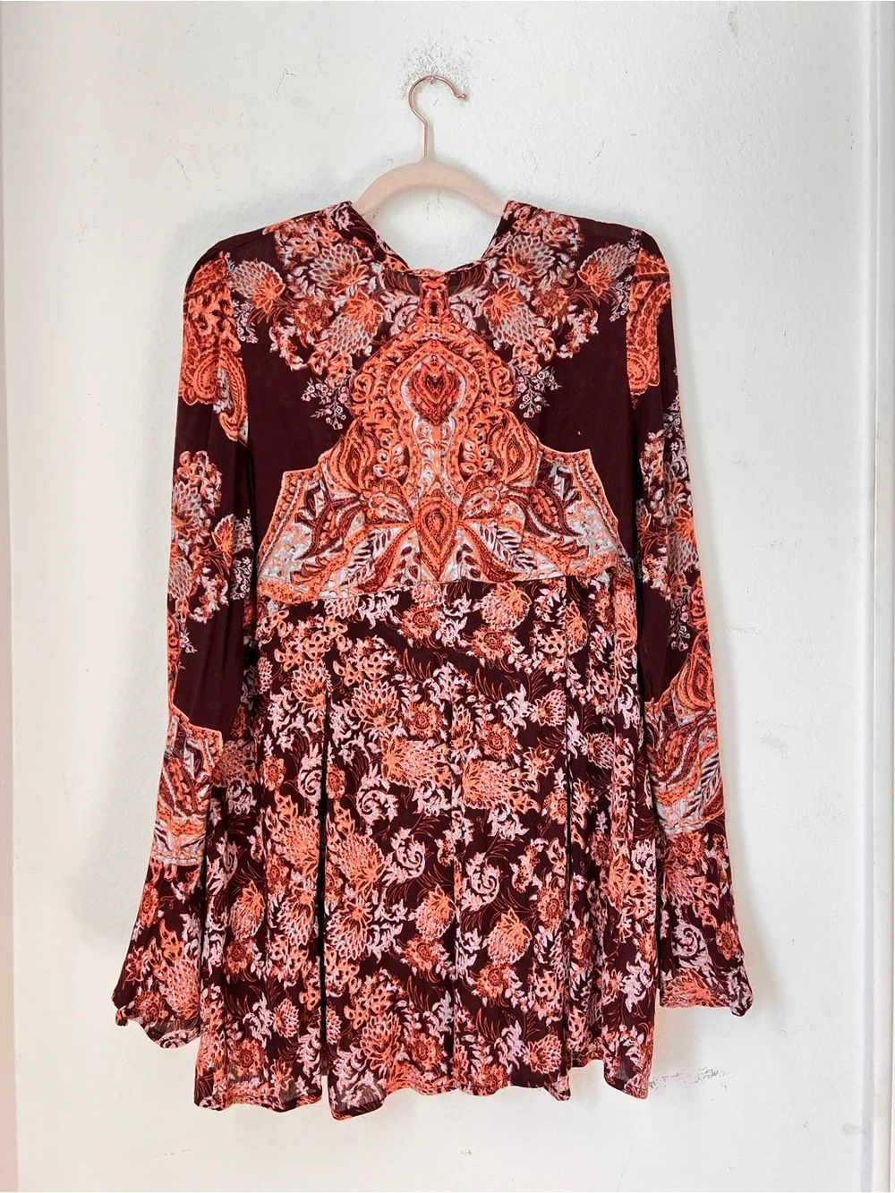 Free People Lady Luck Tunic Burgundy Red Floral Mini Dress Medium Boho Festival